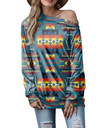 Blue Native Tribes Pattern Native American Off-shoulder Sweatshirt