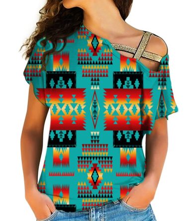 Blue Native Tribes Pattern Native American Cross Shoulder Shirt