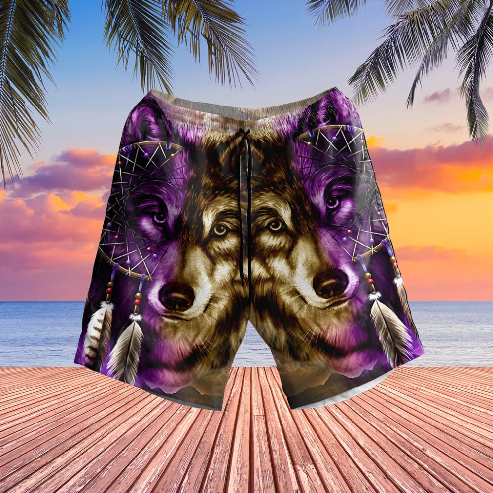 Dreamcatcher Purple Wolf Hawaiian Shorts