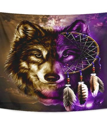Dreamcatcher Purple Wolf Native American Tapestry