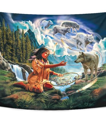 Wolves & Native Women Native American Tapestry