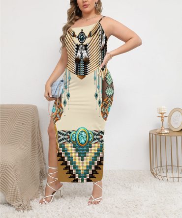Brown Pattern Breastplate Oblique-Shoulder Exposure Dress With Side Split