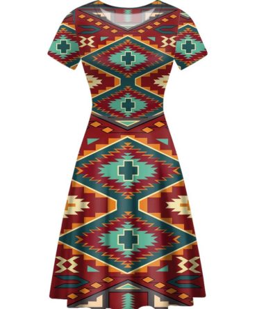 Native Red Yellow Pattern Round Neck Dress