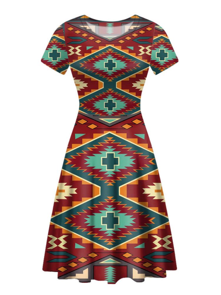Native Red Yellow Pattern Round Neck Dress
