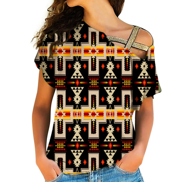 Black Tribe Design Native American Cross Shoulder Shirt - Image 2