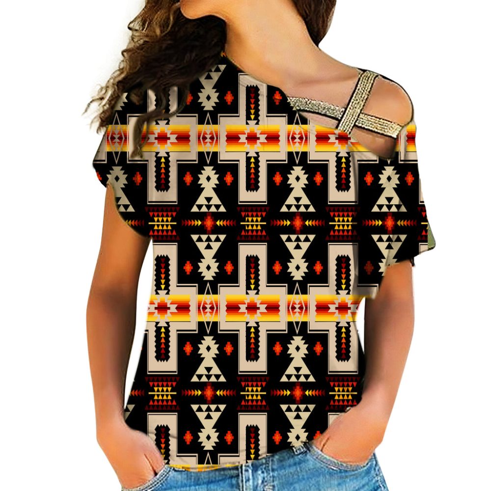Black Tribe Design Native American Cross Shoulder Shirt