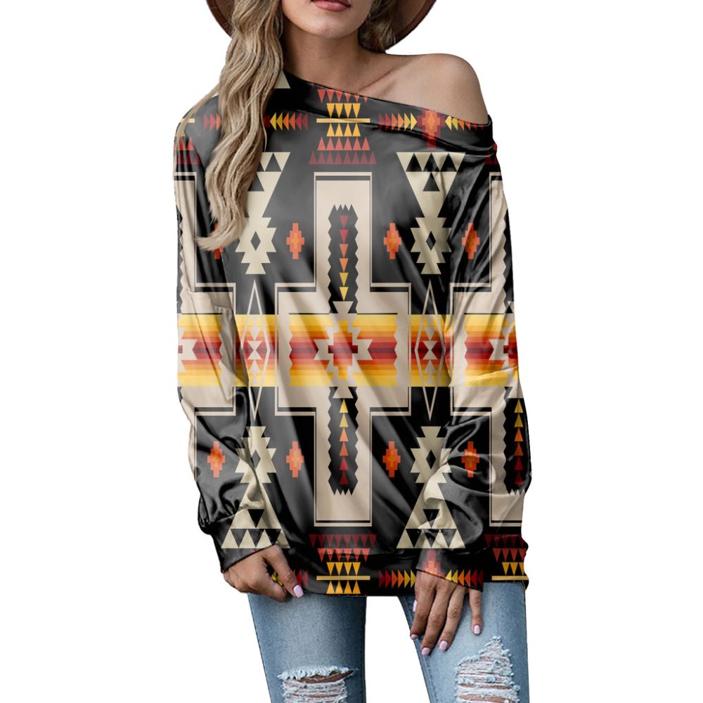 Black Tribe Design Native American Off-shoulder Sweatshirt