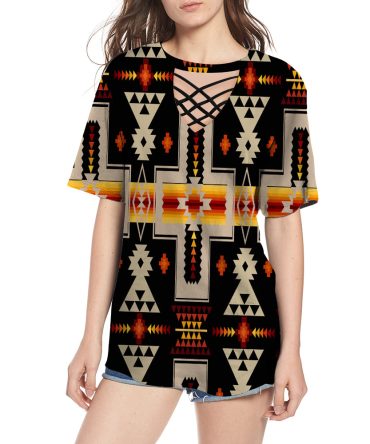 Black Tribe Design Native American Round Neck Hollow Out Tshirt