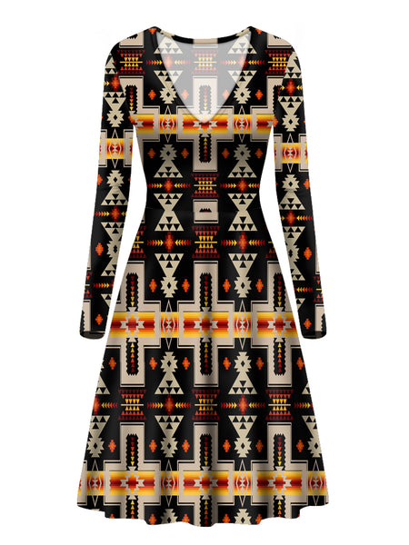 Black Tribe Design Native American V-Long Sleeve Dress - Image 2