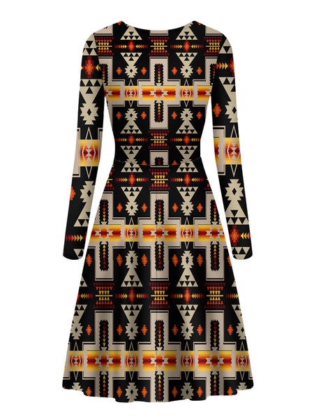 Black Tribe Design Native American V-Long Sleeve Dress - Image 3
