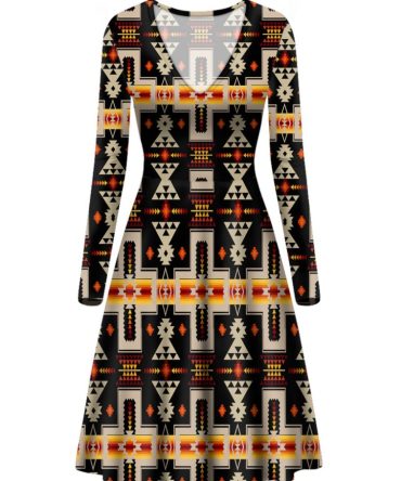 Black Tribe Design Native American V-Long Sleeve Dress
