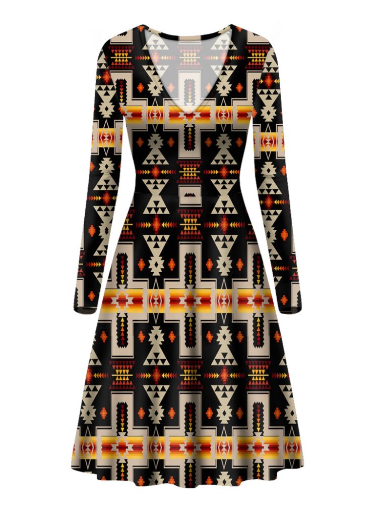 Black Tribe Design Native American V-Long Sleeve Dress