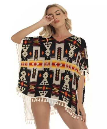 Black Tribe Design Native Square Fringed Shawl