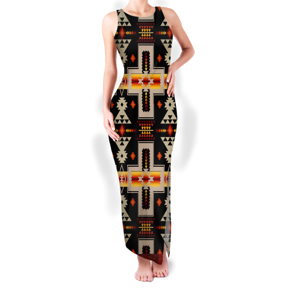Pattern Native Round Neck Double Slit Sundress