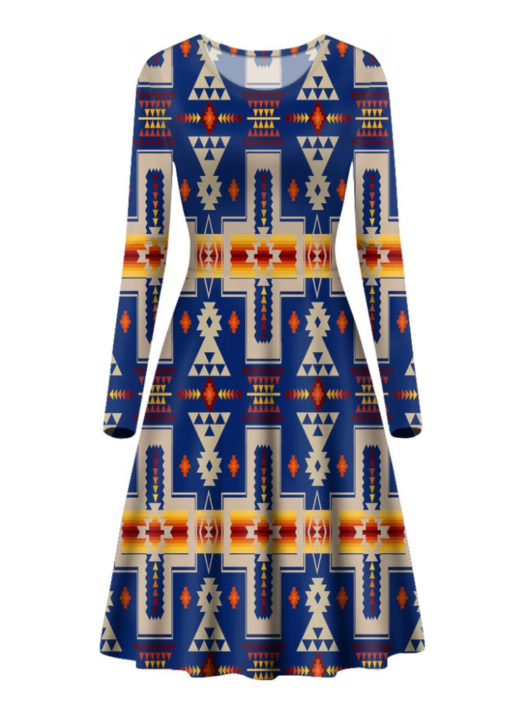 Navy Design Native Long Sleeve Dress