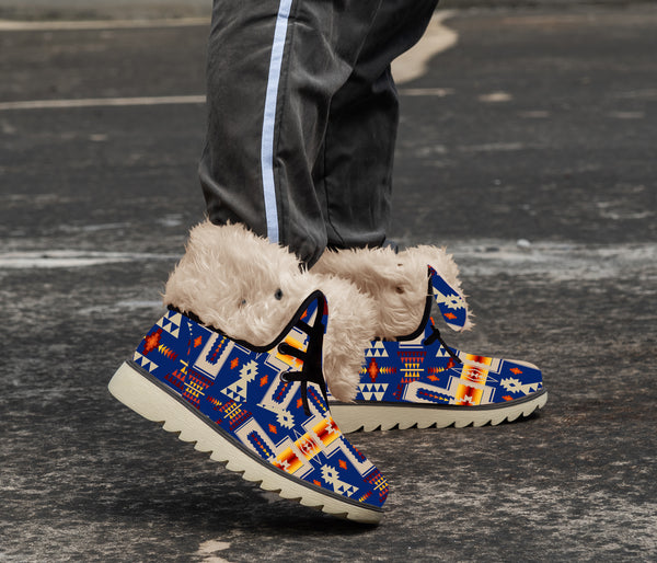 Navy Tribe Chunky Faux Fur - Leather Boots Men Women - Image 3