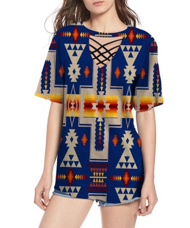 Navy Tribe Design Native American Round Neck Hollow Out Tshirt