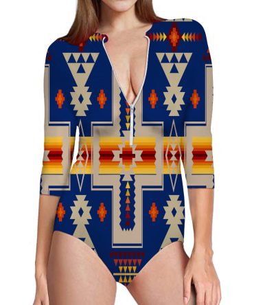 Navy Tribe Design Native American Women's Long Sleeve One Piece Swimsuit