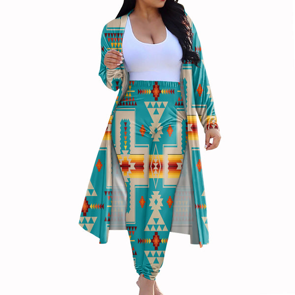 Turquoise Tribe Design Cardigan Coat Long Pant Set - Image 3