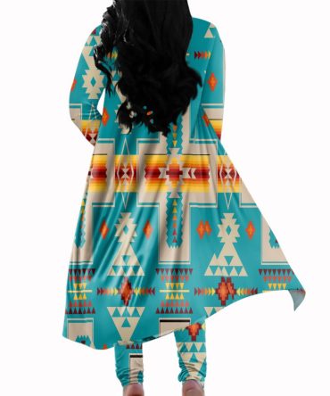 Turquoise Tribe Design Cardigan Coat Long Pant Set