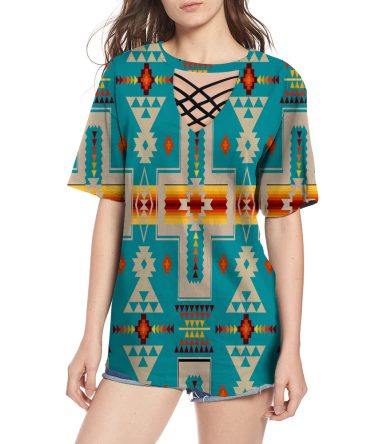Turquoise Tribe Design Native American Round Neck Hollow Out Tshirt