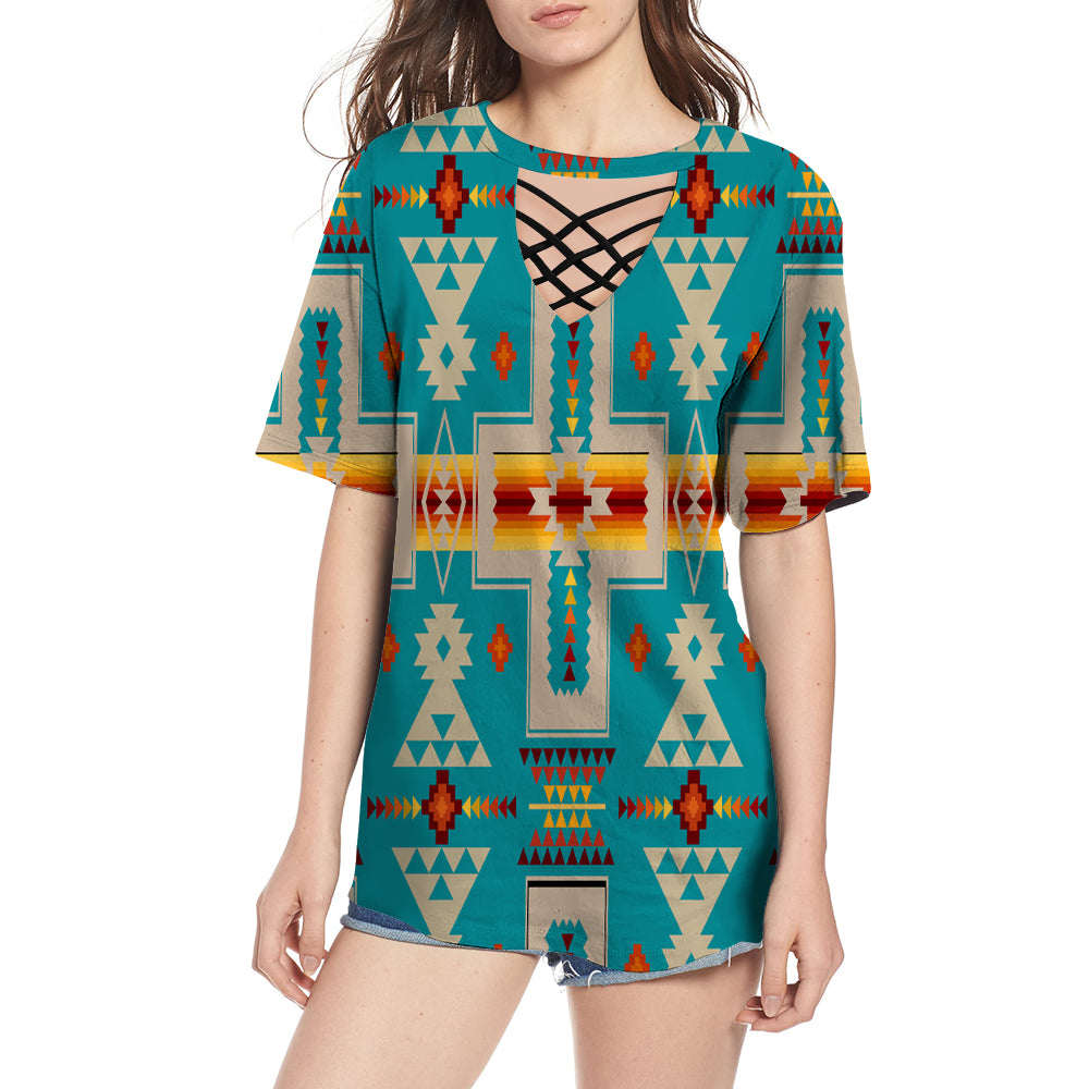 Turquoise Tribe Design Native American Round Neck Hollow Out Tshirt