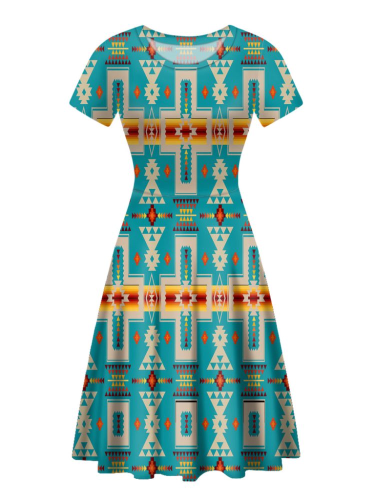 Turquoise Tribe Design Round Neck Dress