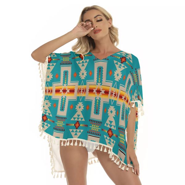 Turquoise Tribe Design Square Fringed Shawl - Image 2