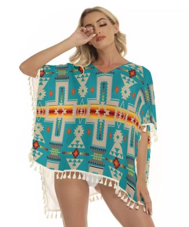 Turquoise Tribe Design Square Fringed Shawl
