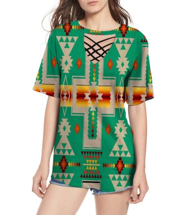 Green Tribe Design Native American Round Neck Hollow Out Tshirt
