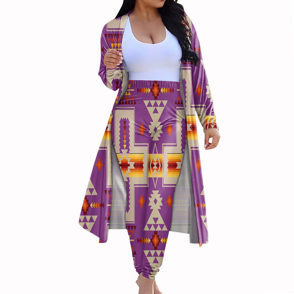 Light Purple Tribe Design Cardigan Coat Long Pant Set - Image 3