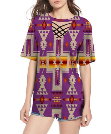 Light Purple Tribe Design Native American Round Neck Hollow Out Tshirt