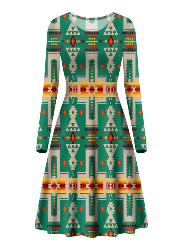 Green Design Native Long Sleeve Dress