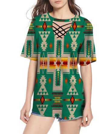 Light Green Tribe Design Native American Round Neck Hollow Out Tshirt