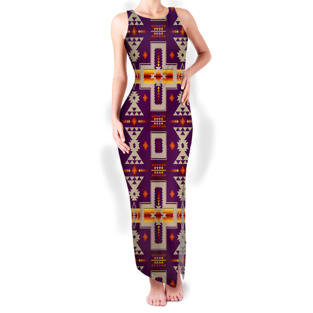Pattern Native Round Neck Double Slit Sundress
