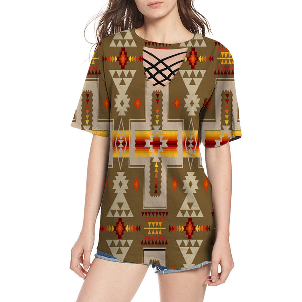 Light Brown Tribe Design Native American Round Neck Hollow Out Tshirt - Image 2