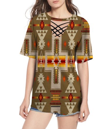 Light Brown Tribe Design Native American Round Neck Hollow Out Tshirt