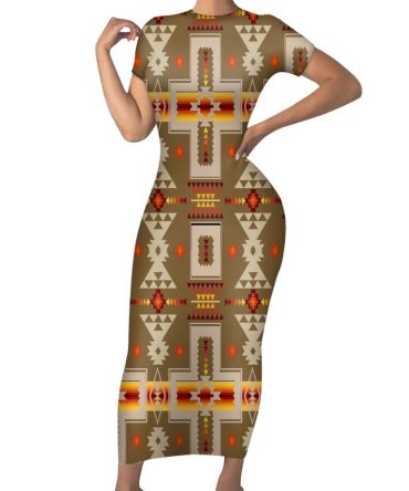 Light Brown Tribe Design Native American Short-Sleeved Body Dress