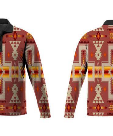 Tan Tribe Design Native American Polo Long Sleeve