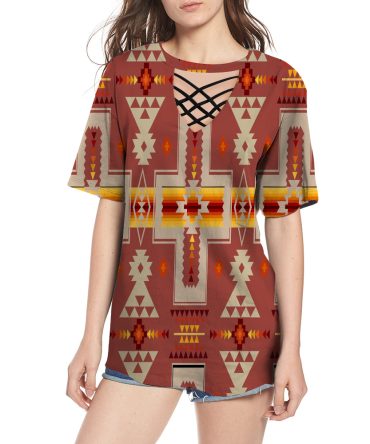 Tan Tribe Design Native American Round Neck Hollow Out Tshirt