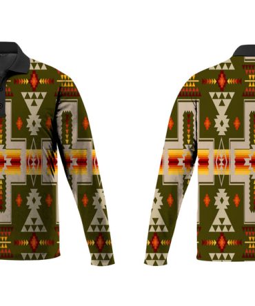 Dark Green Tribe Design Native American Polo Long Sleeve