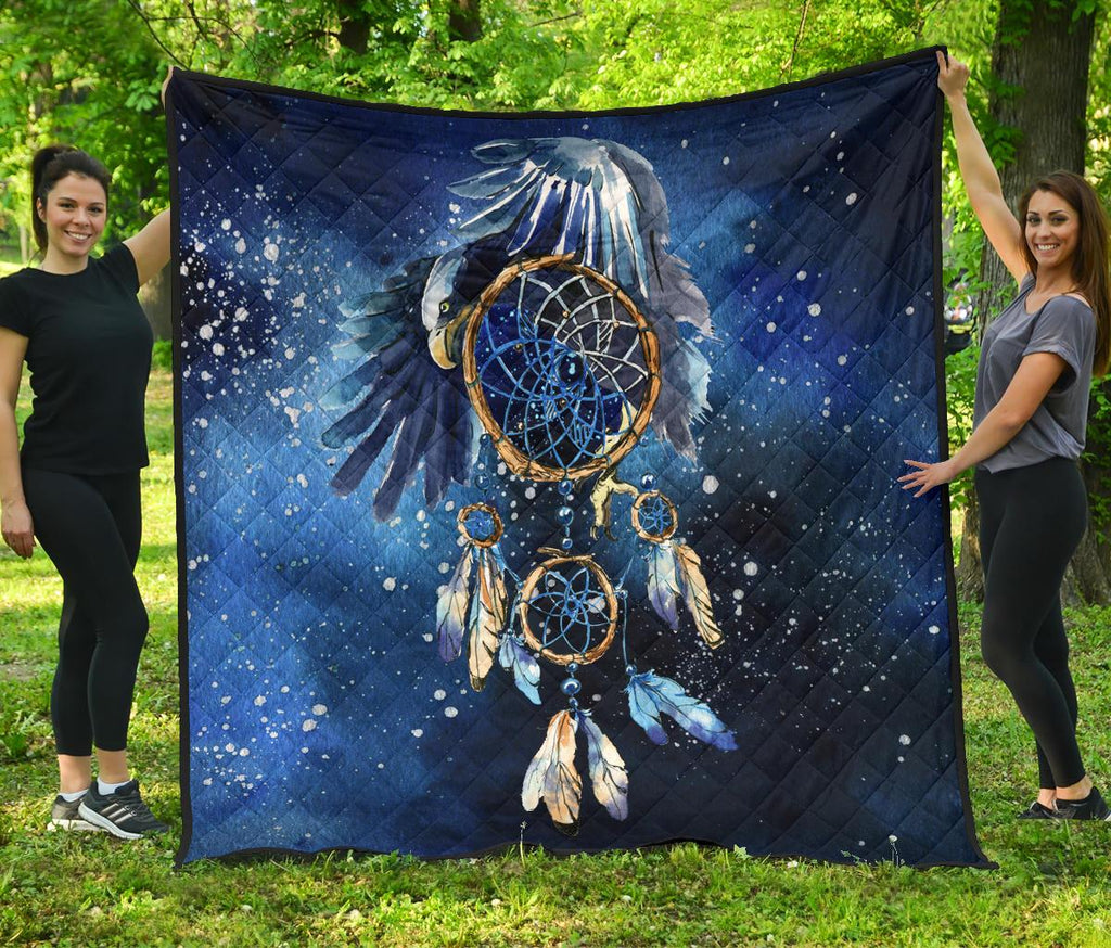 Blue Galaxy Dreamcatcher Native American Premium Quilt