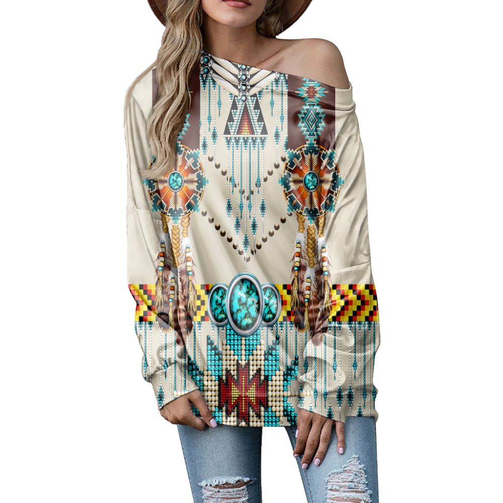 NAT00069 Turquoise Blue Pattern Breastplate Native American Off-shoulder Sweatshirt