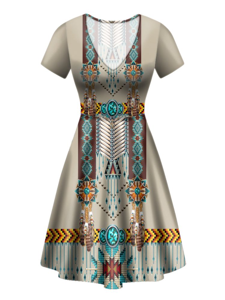 Turquoise Blue Pattern Breastplate Neck Dress