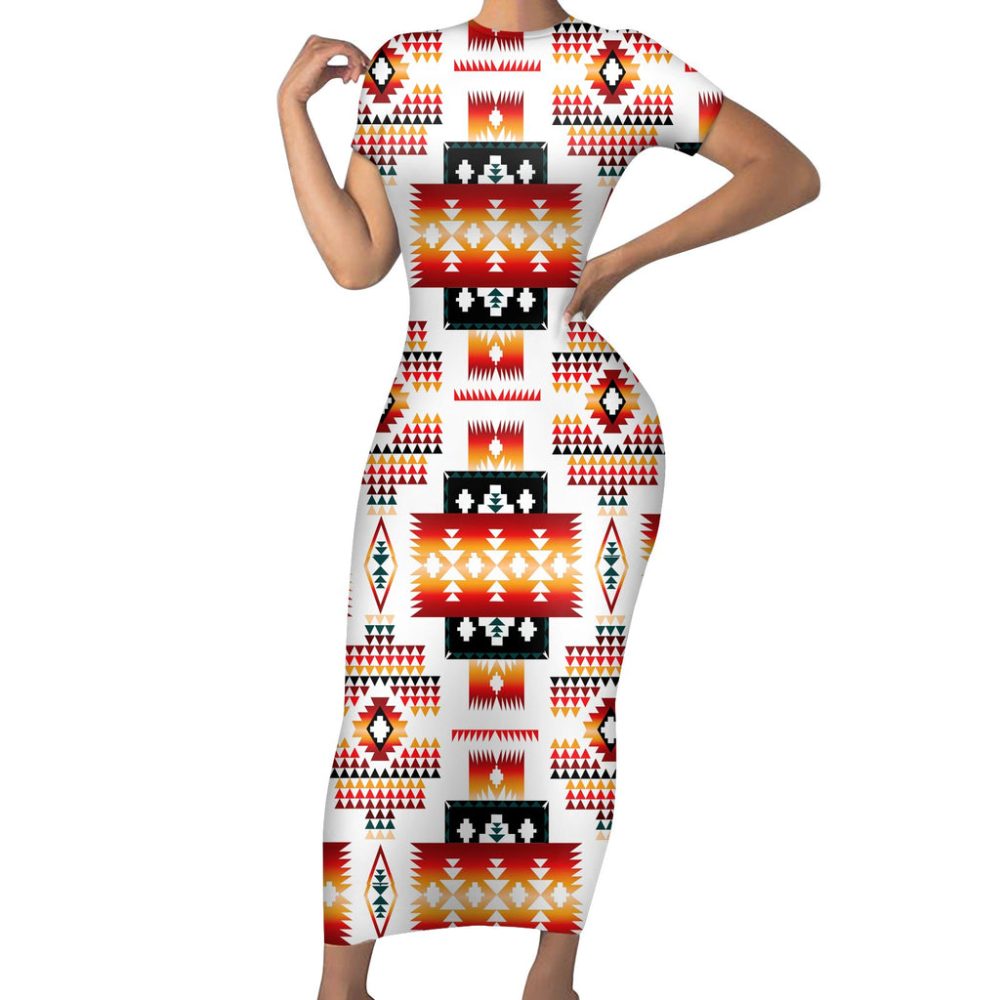 White Tribes Pattern Native American Short-Sleeved Body Dress