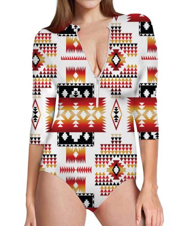White Tribes Pattern Native American Women's Long Sleeve One Piece Swimsuit
