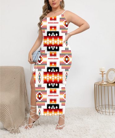 White Tribes Pattern Oblique-Shoulder Exposure Dress With Side Split