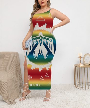 Thunderbird Rainbow Oblique-Shoulder Exposure Dress With Side Split
