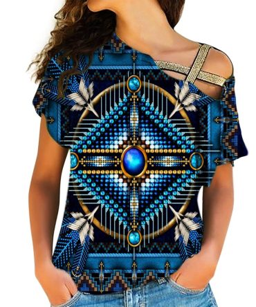 Naumaddic Arts Blue Native American Cross Shoulder Shirt