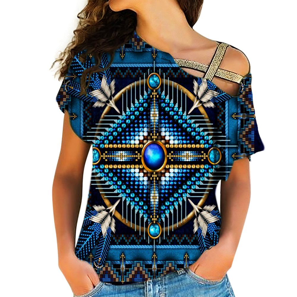 Naumaddic Arts Blue Native American Cross Shoulder Shirt